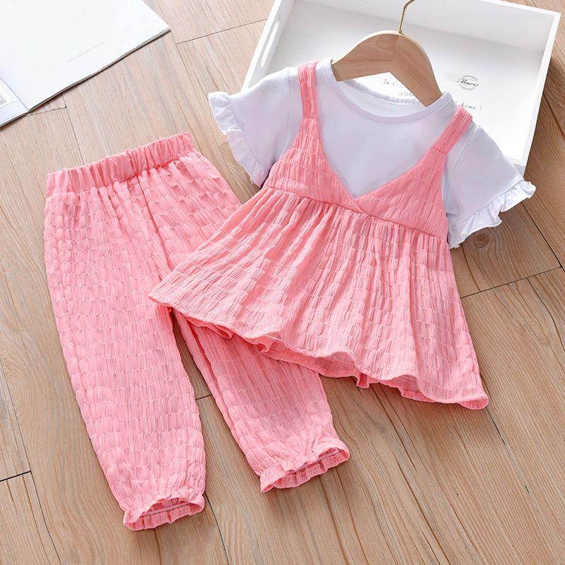 

Комплект летней одежды для девочек, детский летний спортивный комплект из двух предметов с рукавами средней и маленькой длины 130 горячий розовый