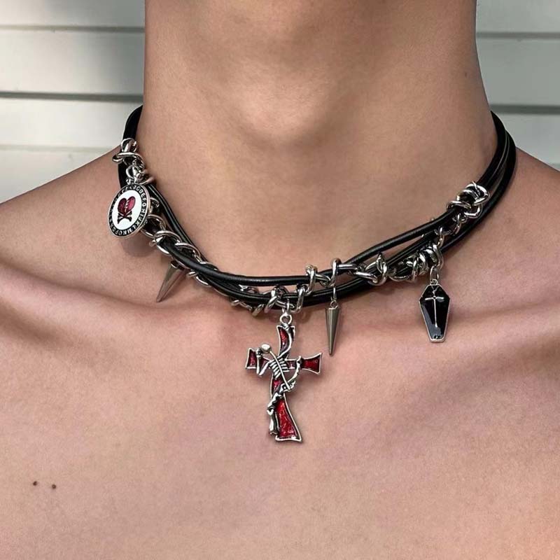 Retro Silver Color Rivet Cross Pendant Necklaces for Women Men Punk Hip Hop Long Spike Tassel Choker Necklaces Y2K Jewelry Gifts