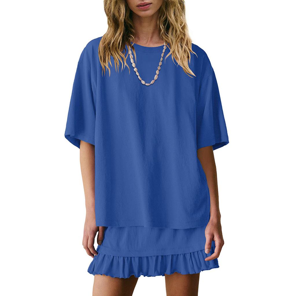 Women's Fashion Solid Color Round Neck Short Sleeved Top And Skirt Two-piece Casual Set