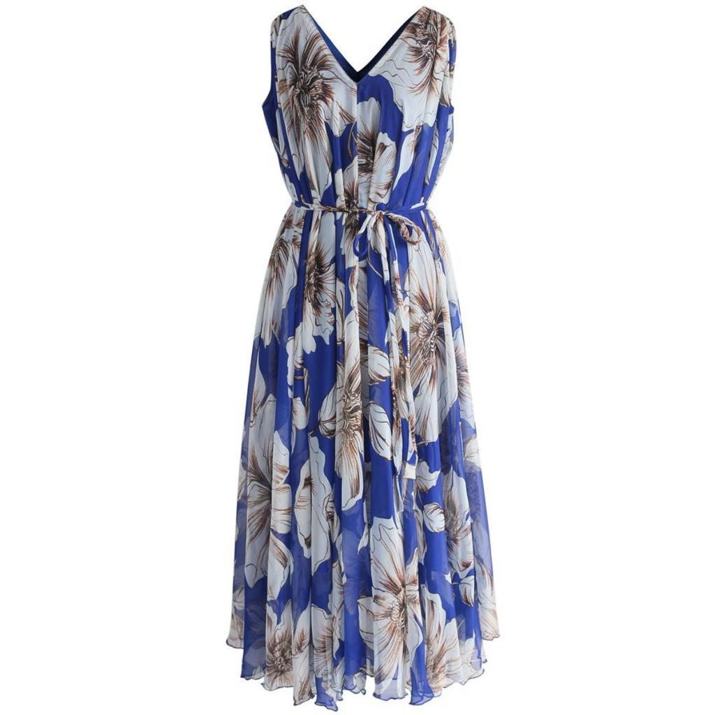 Spring Chiffon Printed Long Maxi Dress, European American Style Beach Holiday Casual Dress for Women