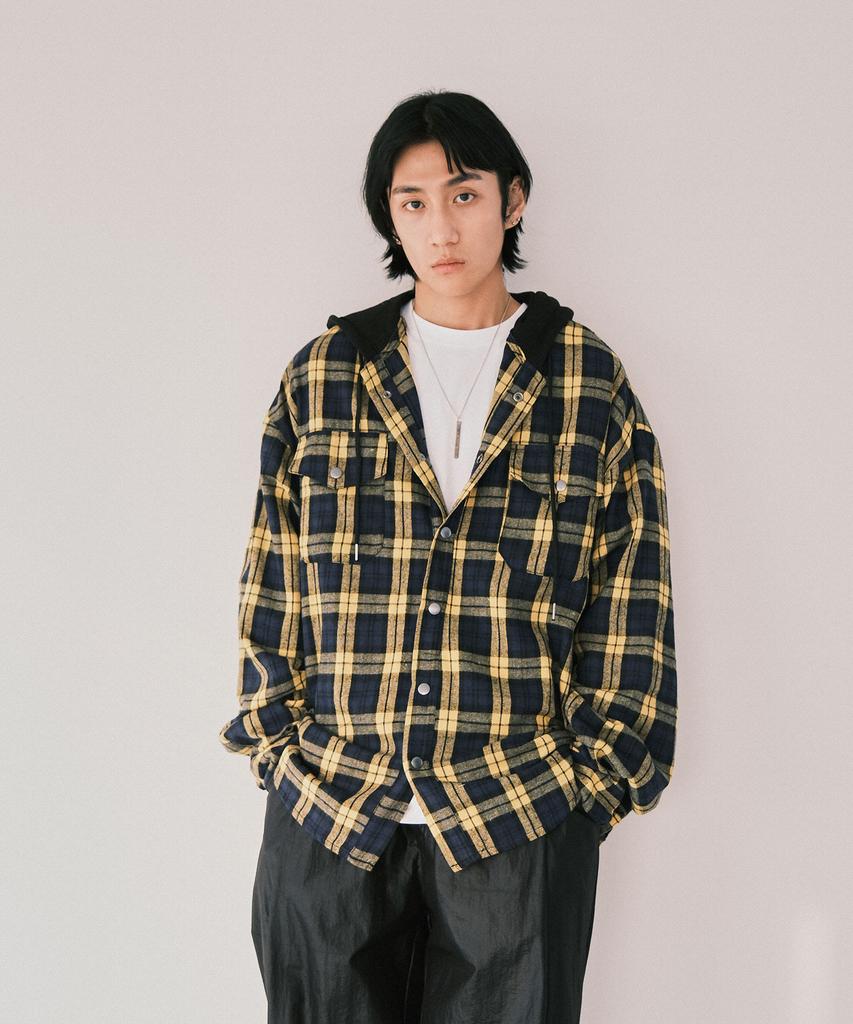 SLOW RECORD HOUSE Hooded Check Shirt_Yellow