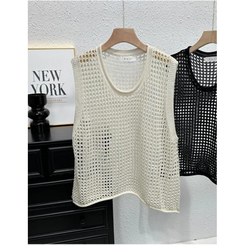 Męski Letni Cienki Ażurowy Dzianinowy Tank Top Luźny Słodki Okrągły Dekolt Warstwowy Bez Rękawów T-shirt