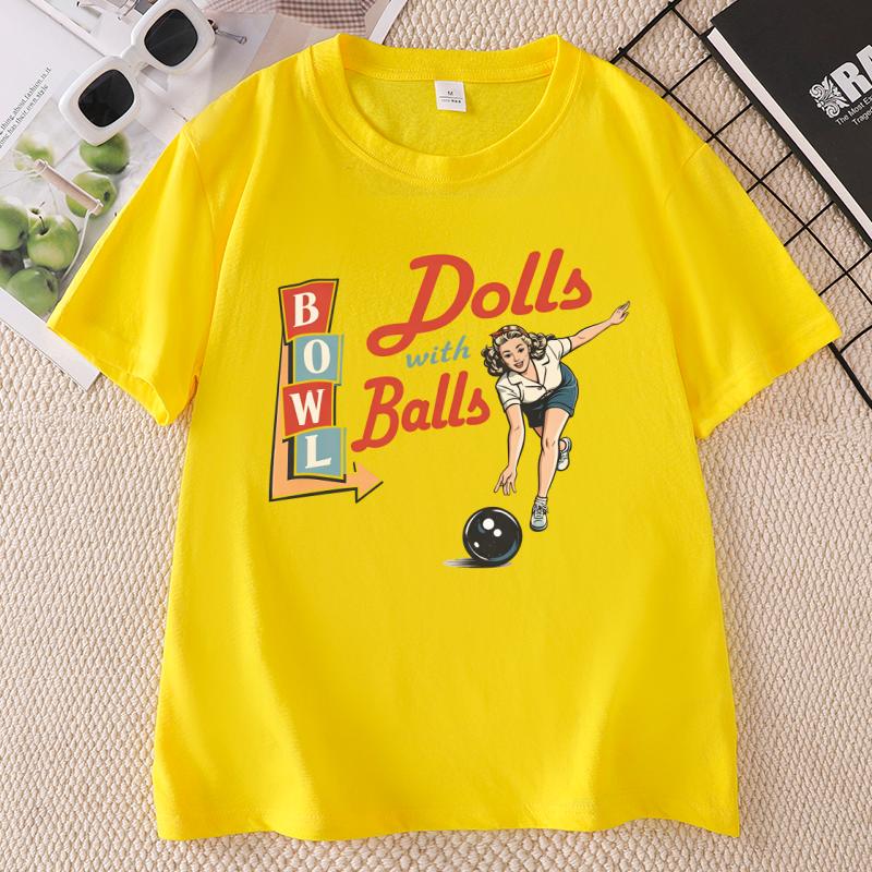 Bowling T Shirt Dolls With Balls TShirt Causal Vintage Graphic Tshirts Funny Cotton Short Sleeve Round Neck T Shrirts Unisex