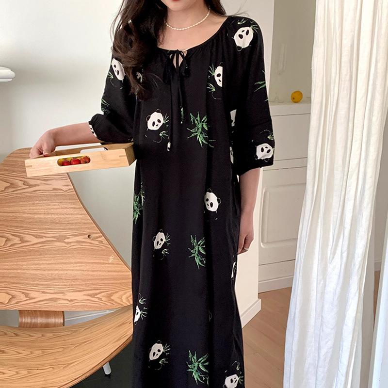 1011 new cotton and silk nightdress women's summer short-sleeved pajamas cartoon pony element long loose cotton silk skirt can be worn outside