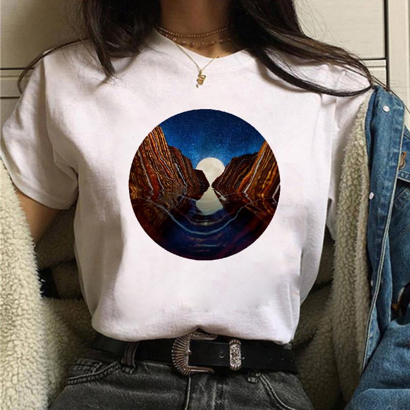 Maycaur Women Graphic Forest Mountain T Shirts Casual 90s Ulzzang Summer Printing Lady Clothes Tops Tees Print Female Tshirts