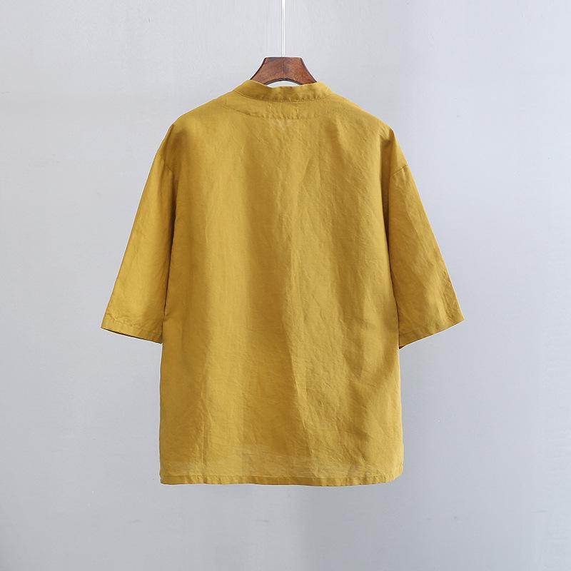 2025 Summer Women's Retro Cotton Linen Stand Collar Color Block Short Sleeve Top for Tea Ceremonies