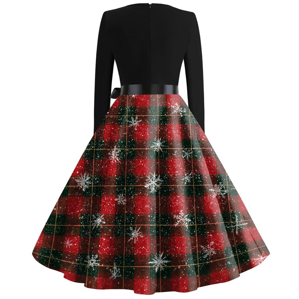 Women's Casual Fashion Christmas Print Square Neck Vintage Dress for Holiday Party
