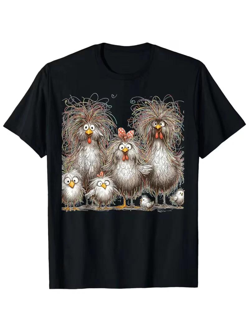 180g Eagerlys Vintage Funny Chicken Family T-Shirt - Colorful Cartoon Chicken Pr XS