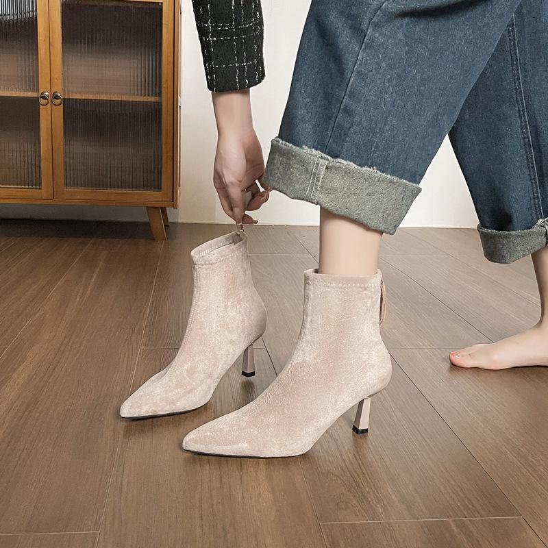 2025 Herbst/Winter Stretch-Wildleder Stiletto-Absatz Spitz zulaufend Knöchelhohe Stiefel – Sexy, Weich, Bequem Socken-Design