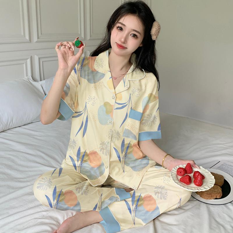 Imitation cotton pajamas women's summer imitation cotton short-sleeved trousers medium mother large size high-end floral loungewear