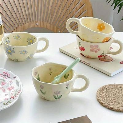 Tazas de cerámica, tazas de café, tazas de té con leche con flores irregulares, hechas a mano, estilo coreano, tazas de avena para desayuno, utensilios de cocina