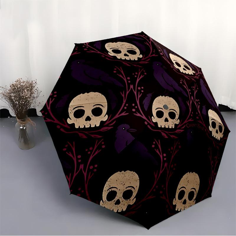 1pc Skulls Ravens Automatic Open/close, All-Season Portable Folding Umbrella, Travel, Everyday, Formal Events - Compact Luxury Parasol, Outdoor Access