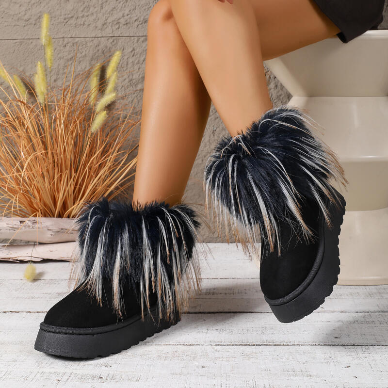 Fashion Brand Design Fluffy Long Fur Snow Boots Women 2025 Winter Mix Color Ankle Boots Warm Thick Bottom Black Plush Furry shoes Woman