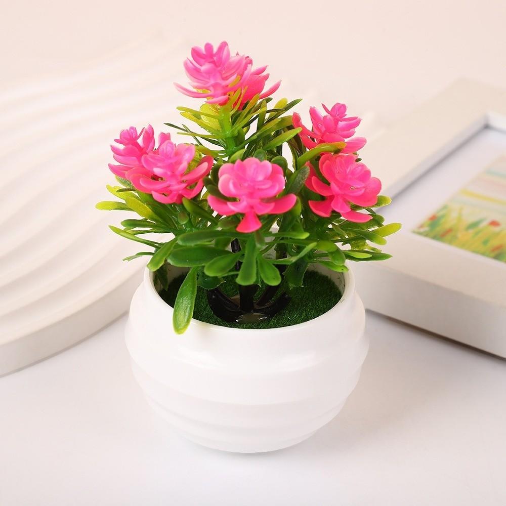 7 Flowers Artificial Potted Plant Small with White Pot Artificial Faux Plants Multi-Bloom Plastic Fake Flower Bonsai