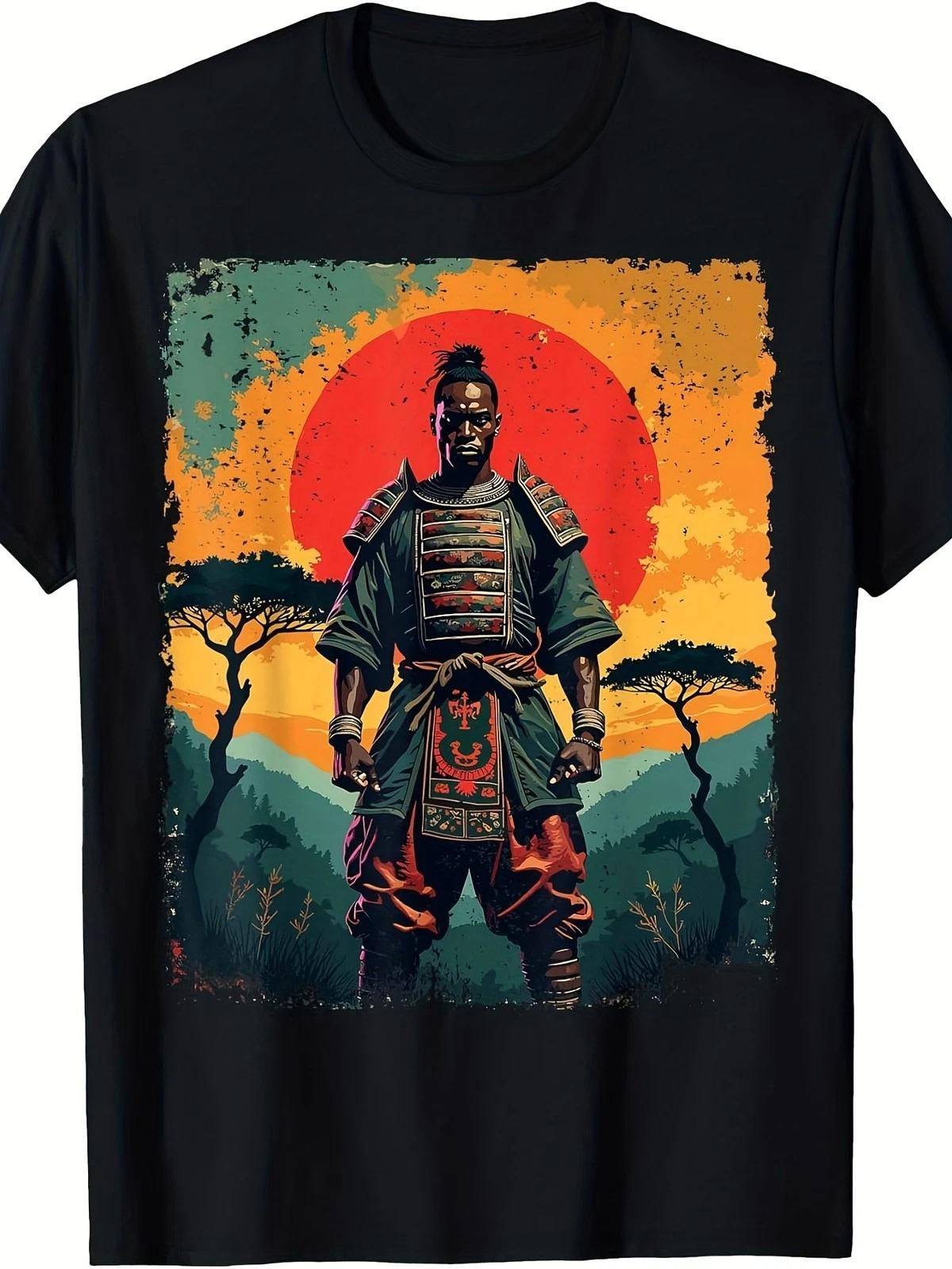 African Samurai Warrior Graphic T-Shirt Afro Vintage Art Tee XXXXL