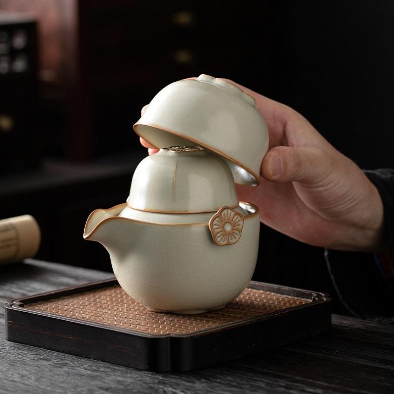 Beige Ru Kiln Travel Kung Fu Tea Set Outdoor Portable Teacup Small Set Kuaike Cup Storage Bag