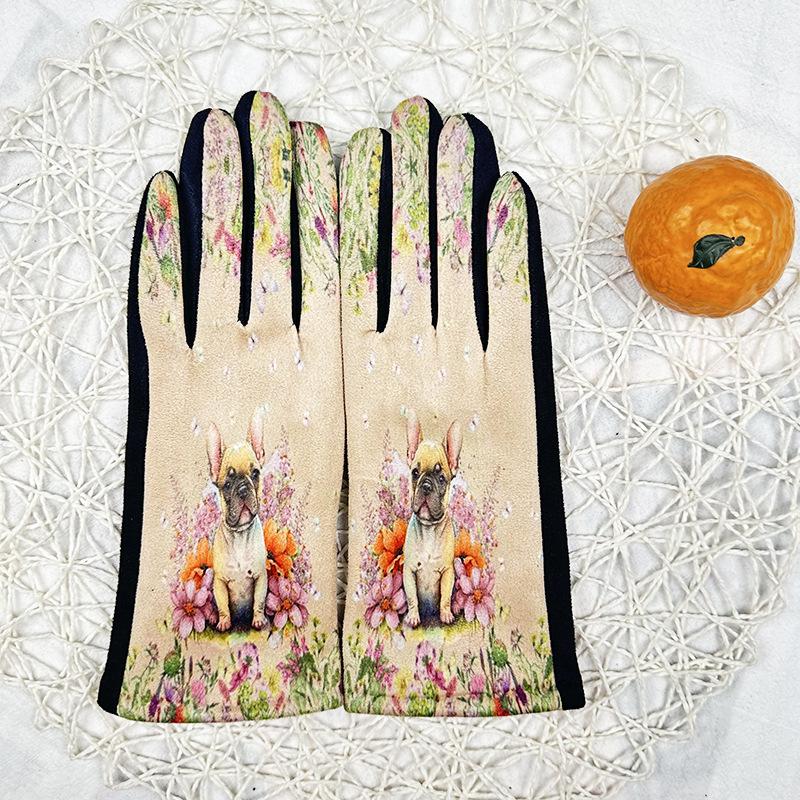 Fashion 3D Oil Painting Gloves Women'S Suede Fleece Thickened Touch Screen Thermal Gloves