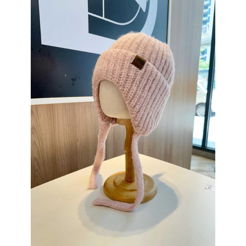 Sweet and Cute Knitted Wool Hat for Women In Autumn and Winter Tether Warm and Versatile Straps To Show Their Faces and Ear Protection Leeve Hat