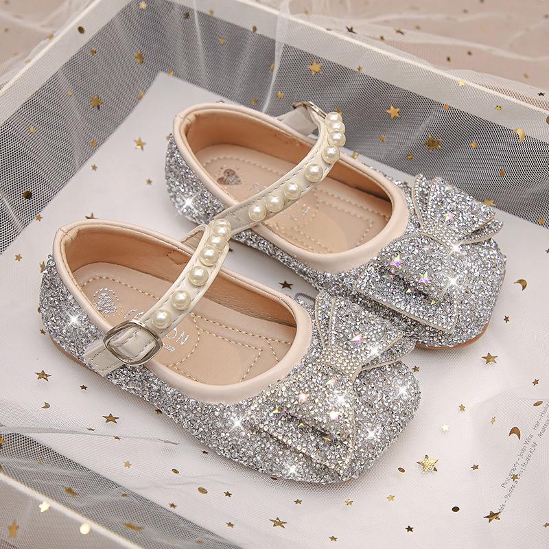 

Girls Glitter Bow Pearl Strap Mary Jane Princess Casual Shoes 23 серебряный