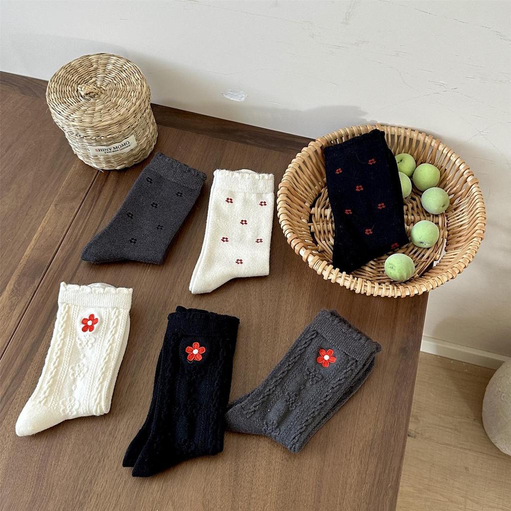 2025 Women's Mid-Calf Socks: Autumn/Winter Style with Little Red Flower Embroidery, Sweet Rabbit Velvet, Thickened for Warmth