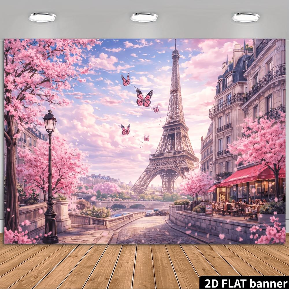 2D Plane Eiffel Tower Background for Seine River Bank Dreamy Paris Cherry Blossom Riverbank Theme 47.2x31.5inch/120*80cm