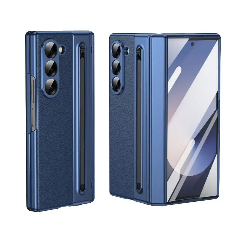 Samsung Galaxy Z Fold 7/6/5/4/3 Leather Phone Case with Steel Film Pen Slot Hinge Protection Shockproof Cover for Galaxy Z Fold