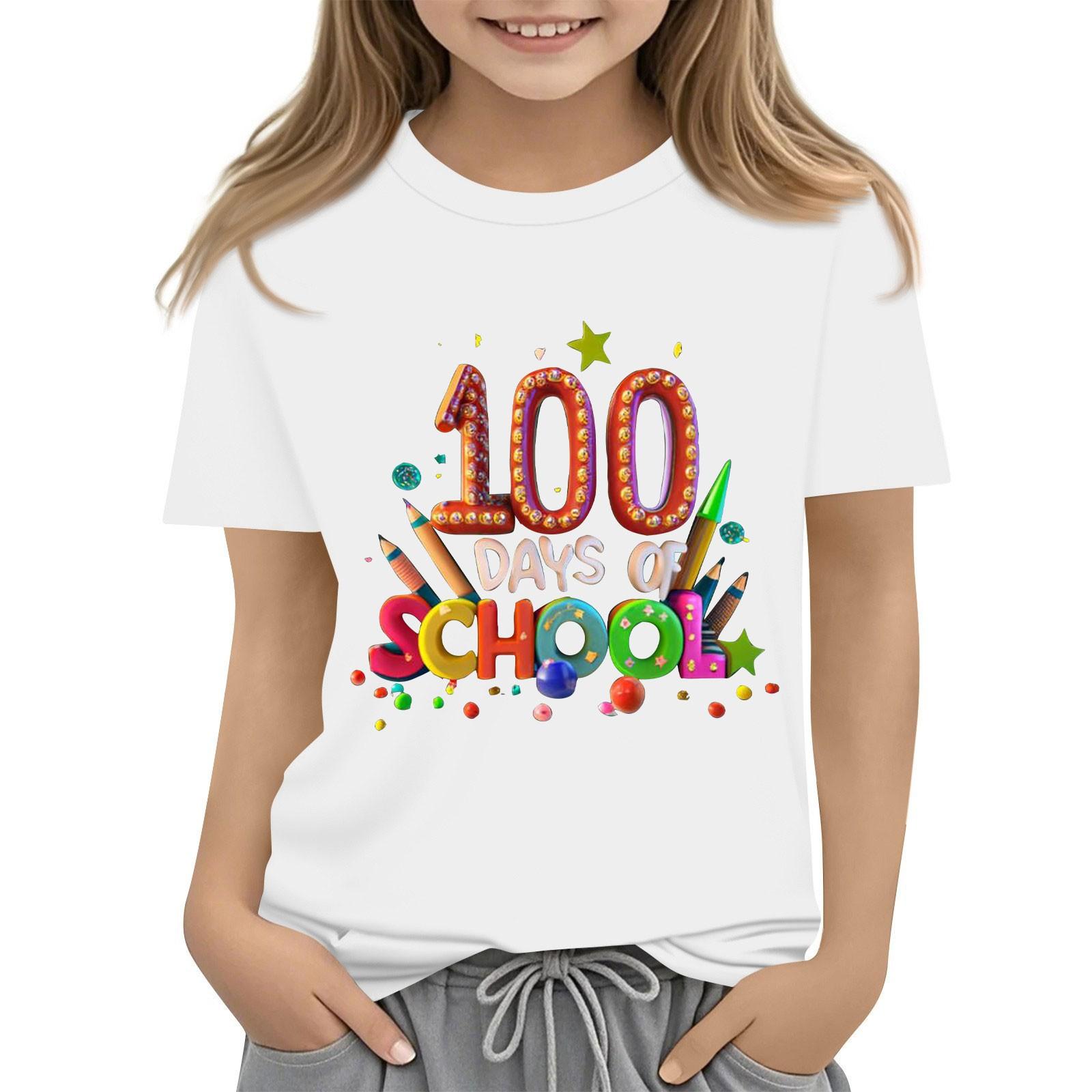 

С 100-м Днем Школы Футболки с коротким рукавом для девочек и мальчиков Детские топы Футболки с круглым вырезом 160 белый