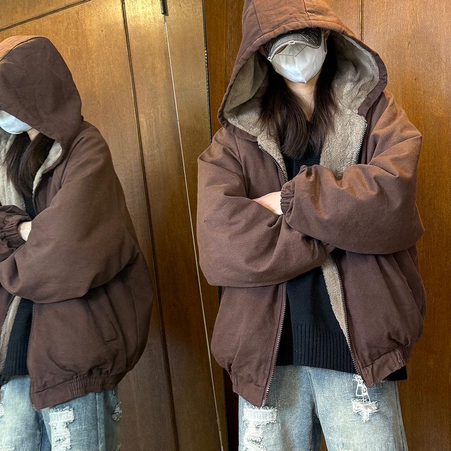 Unisex Green Winter Hooded Fleece-Lined Cotton Jacket - European and American Style