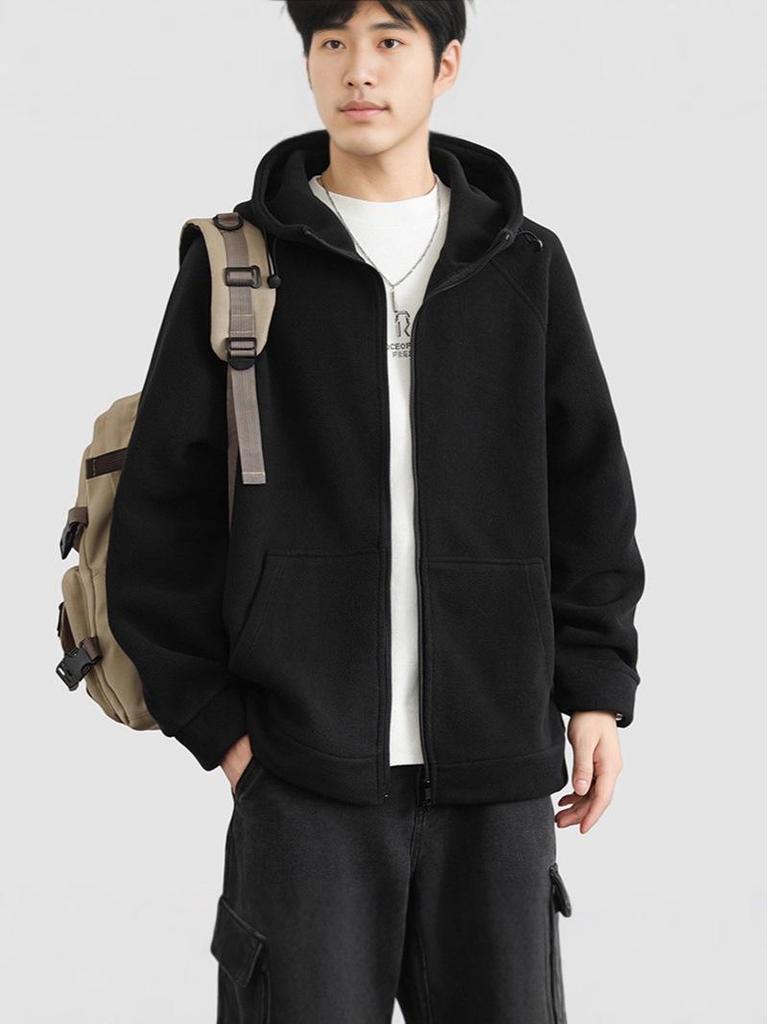 Męska jesienno-zimowa kurtka z kapturem z dwustronnego polaru