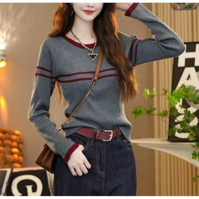 Doppelstreifen Kontrastfarbe Rundhals Dünner Strickpullover Damen Herbst Neu Retro Strick Unterhemd