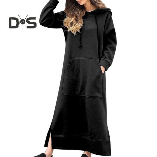 Kvinner Høst Vinter Ensfarget sweatshirtkjole Hette med snøring Langermet frontlomme sidesplitt maxikjole