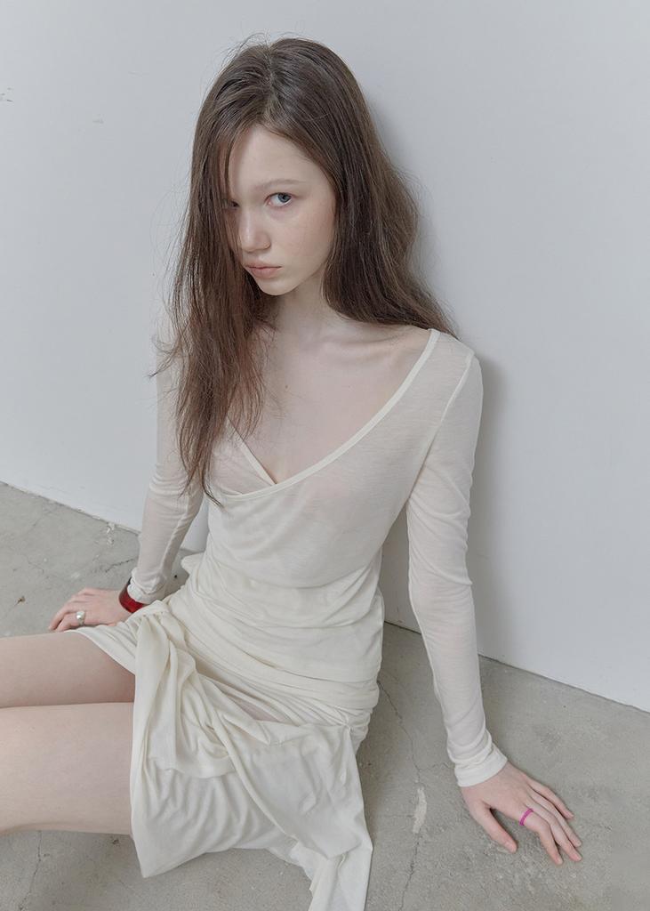 Pilse See-Through V-Neck Long-Sleeved, Ivory