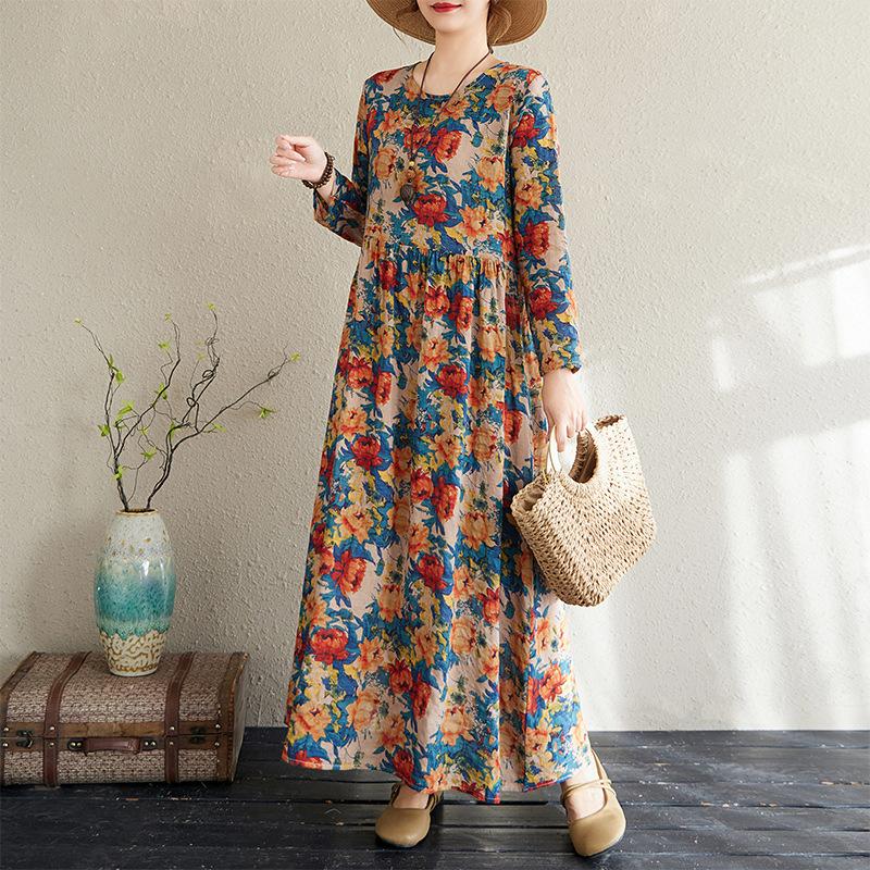 Rochie de vară cu mâneci lungi, stil floral de vacanță, stil de călătorie, guler rotund, casual, retro, cu acoperire de carne, pentru femei