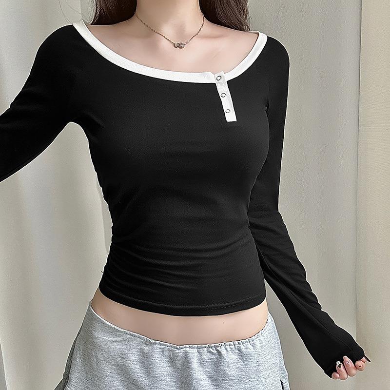 

Pure Desire Hot Girl Short Long Sleeve Top Women s Autumn Slim Neckline Small Design Solid Color L чорний