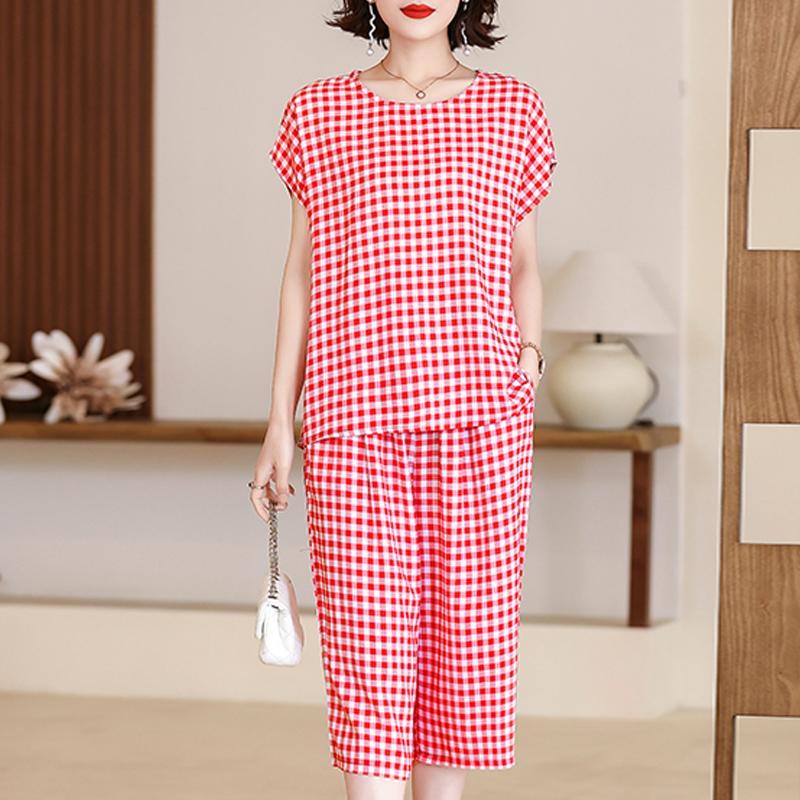 Plus Size Women Two Peice Sets Summer Loose Elegant High Waist Pant Sets Female Casual Vintage Print Oversize Suit