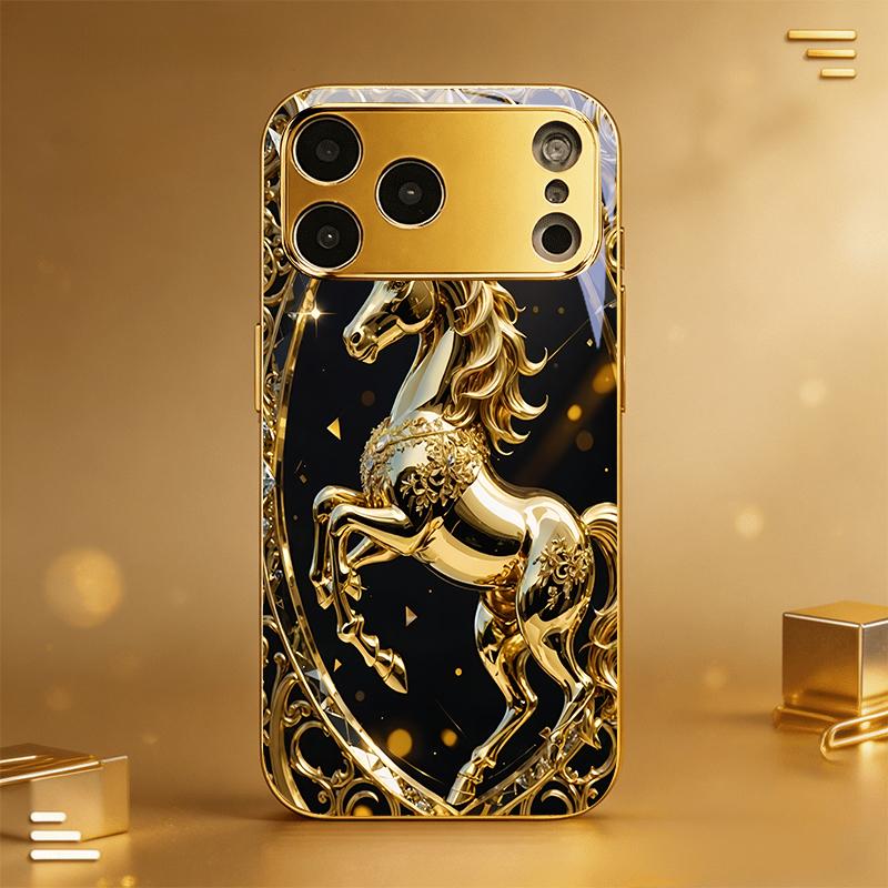 Unicorn Ornate Gold Electroplated Golden Phone Case For iPhone 14 17 16 15 13 12 11 Pro Max Plus 16E 17Air XR 7 8 Xs Glass Cover
