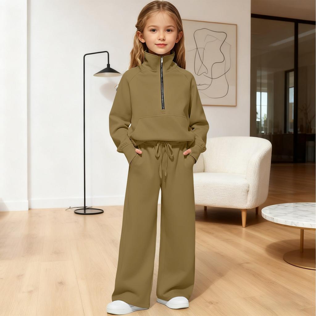 Girls' High,Neck Half,Zip Sweatshirt + Long Pants Sports Fleece Casual Children's Set
