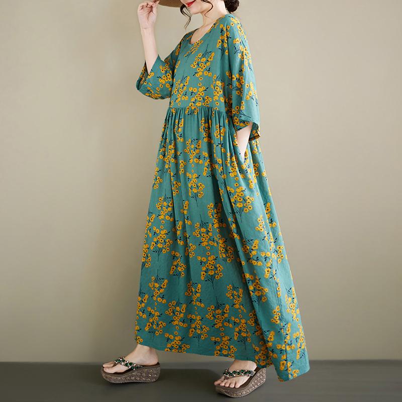 Kısa kollu Artı boyutu pamuklu vintage çiçekli yeni elbiseler kadınlar için gündelik gevşek uzun yaz
