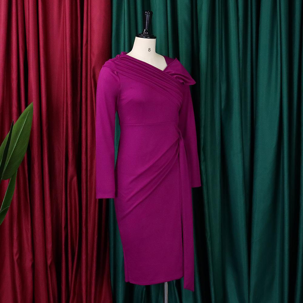 JKASHDK Moda dama toamna iarna imprimeu culoare uni maneca lunga talie inalta rochii de cocktail si seara