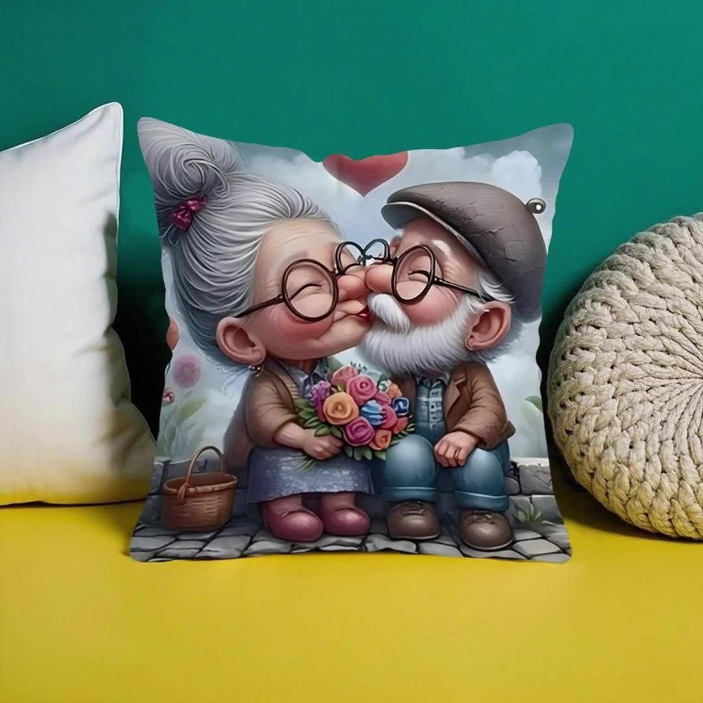 1pc Whimsical Grandparents Pillow Cover - "Oma Und Opa" Design with Heart & Floral Motifs, Perfect Gift for Mother'S Day & Father'S Day