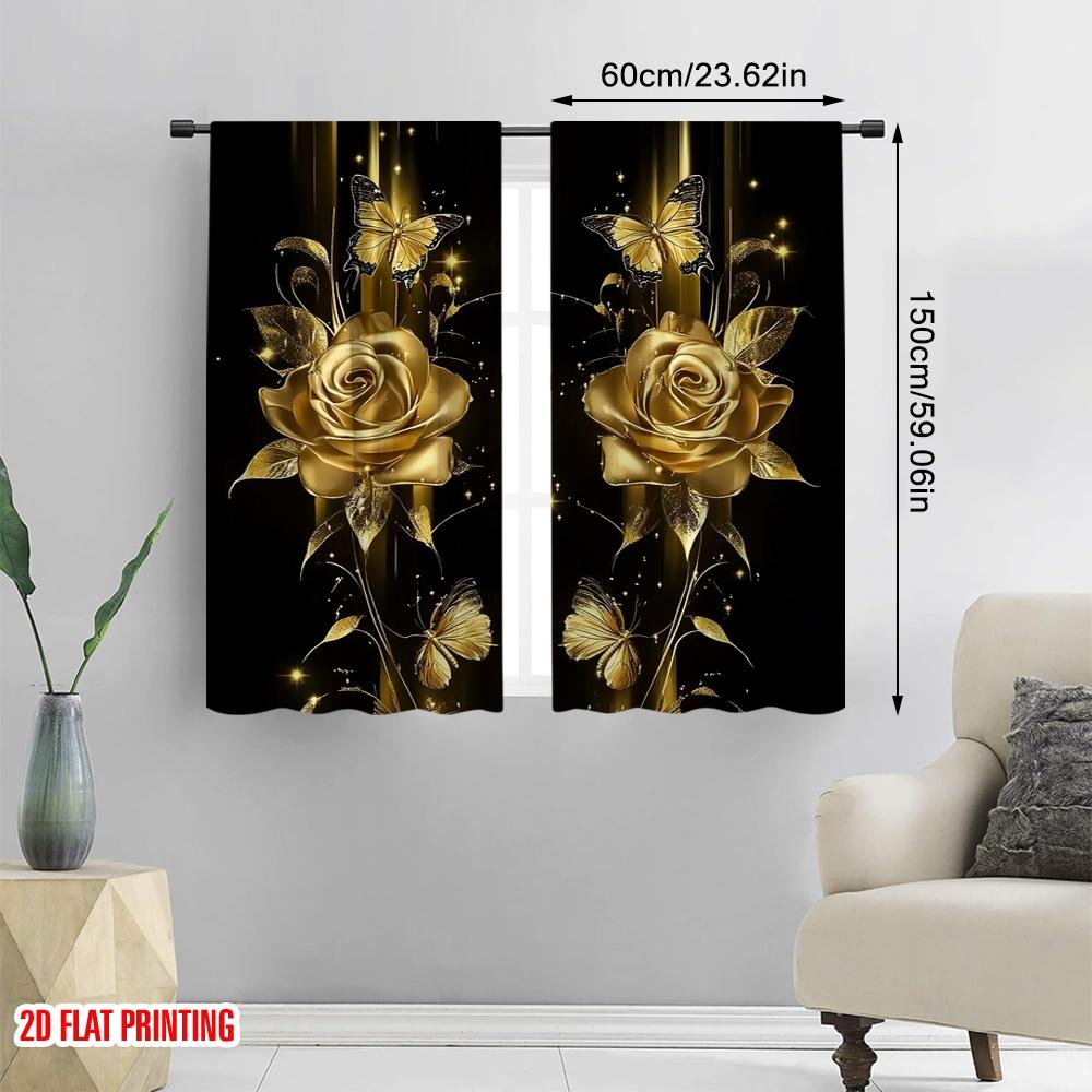 2Pcs 2D Flat PrintingLuxurious Rose Golden Floral And Butterfly Printed Curtain Suitable For Living Room Dining Room Kitchen