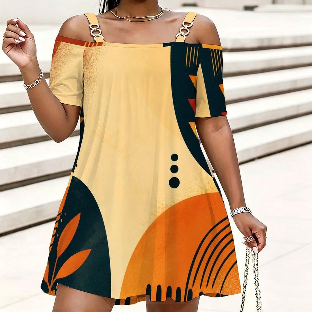 Women Plus Size Cold Shoulder Chain Strap Printed Short Sleeve Loose Mini Dress