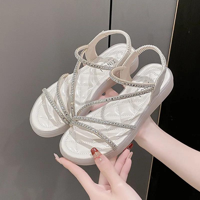 Fashion Flat-heeled Sandal Woman Rhinestone Comfortable Sandals for Women Summer New 2025 Without Heel Elegant Roman Fashion