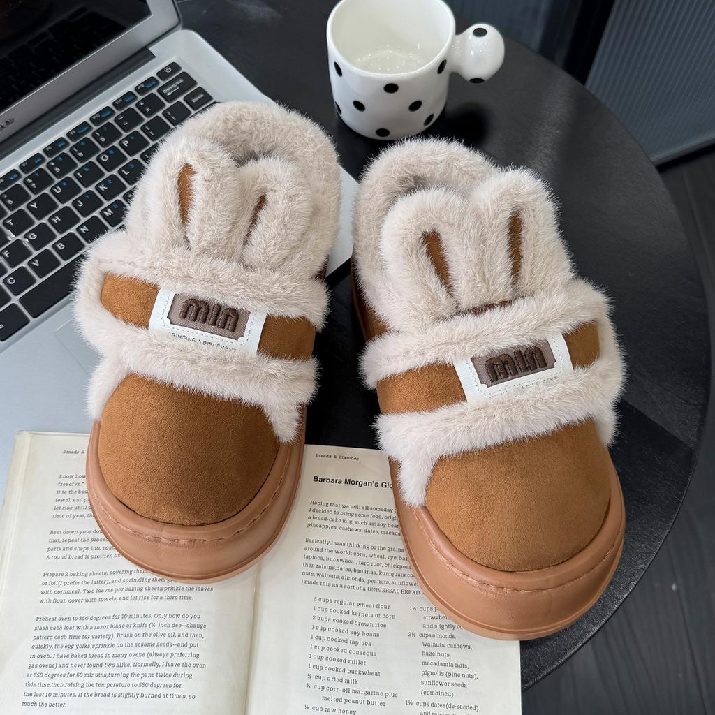 Platform Cotton Shoe Bag Heel Cartoon Rabbit Ears Velcro Warm Home Non-slip Plush Winter Cotton Slippers