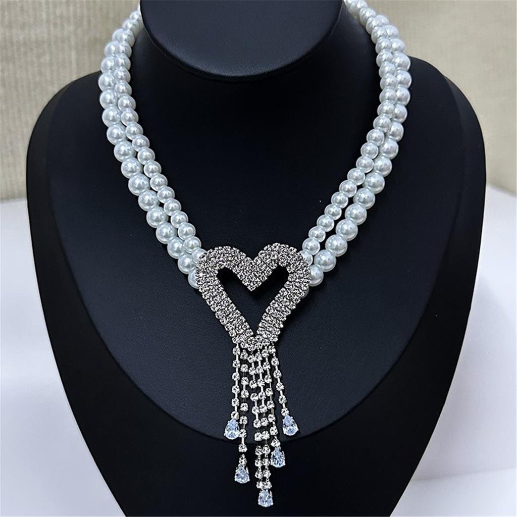Fashion Light Luxury High Tooxika Sense Of Double Pearl Flash Diamond Love Tassel Necklace Necklace Collar Chain Collarbone Chain