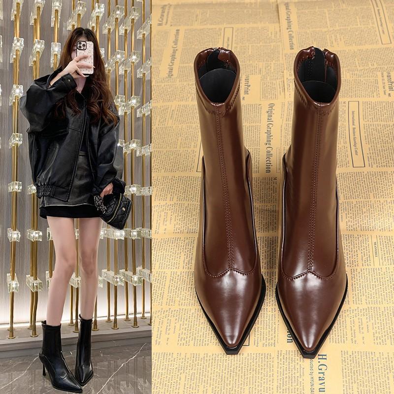 High-heeled pointed short boots autumn and winter new European and American thin-heeled splicing bare boots thin boots retro brown short boots
