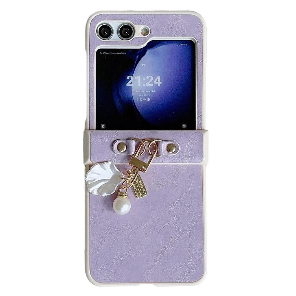 For Samsung Galaxy Z Flip5 5G Case PU Leather+PC Phone Shell with Pendant Crazy Horse Texture