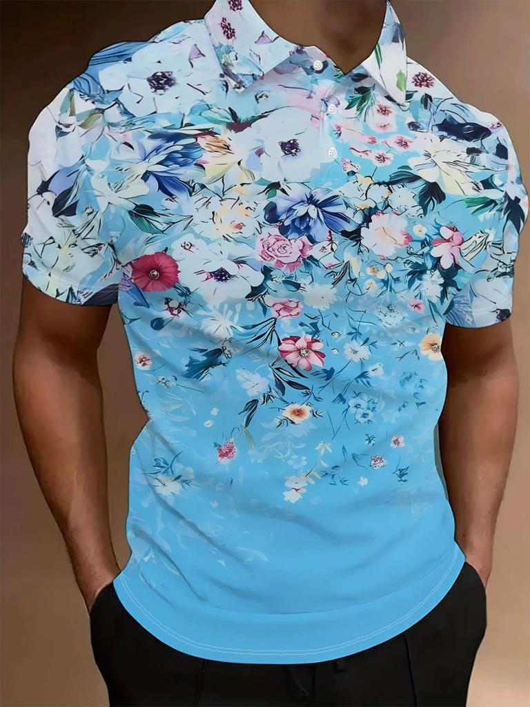 Men's Short-Sleeve Polo Shirt - Full-Body Blue Base with Lapel Collar & Button-Up Button Placket | Minimalist Casual Summer Beachwear Suitable for