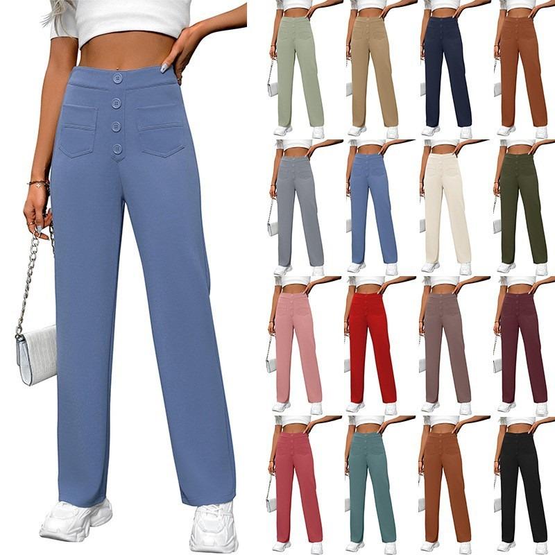 Women Casual High Waist Button Pocket Loose Straight Long Pants