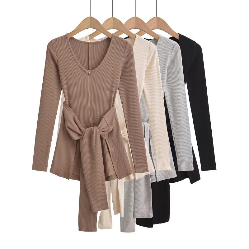 Womens Fake Two-Piece Long Sleeve Bodysuit V-Neck Slim Fit Basic Top Streetwear